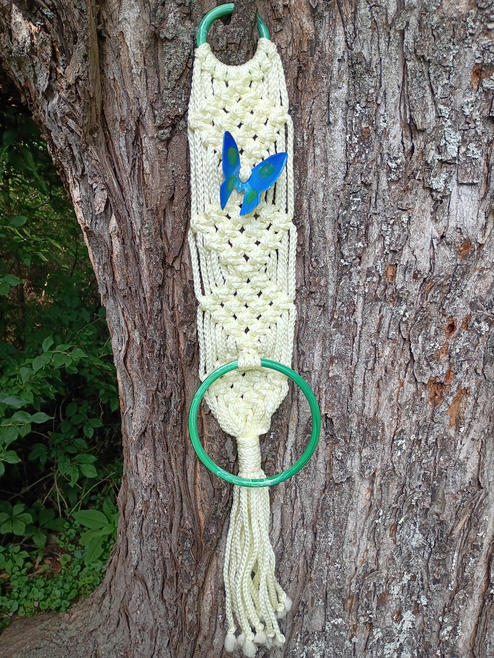 Vtg Macrame Wall Hanging Mid Century Towel Holder w Butterfly